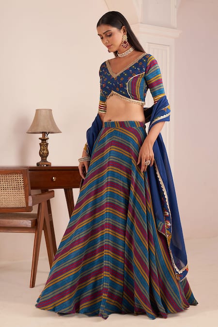 Buy_Affroz_Blue Viscose Gota Patti V-neck Band Stripe Print Lehenga Blouse Set _Online_at_Aza_Fashions