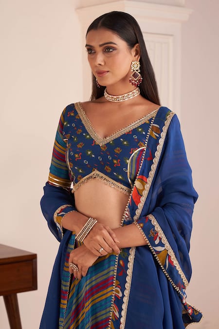 Shop_Affroz_Blue Viscose Gota Patti V-neck Band Stripe Print Lehenga Blouse Set _Online_at_Aza_Fashions