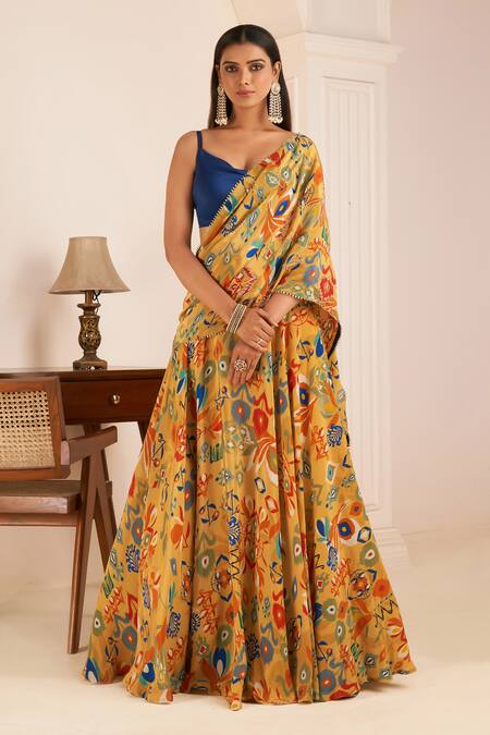 Affroz_Yellow Viscose Cowl Neck Ikat Bloom Print Lehenga Saree With Blouse _Online_at_Aza_Fashions