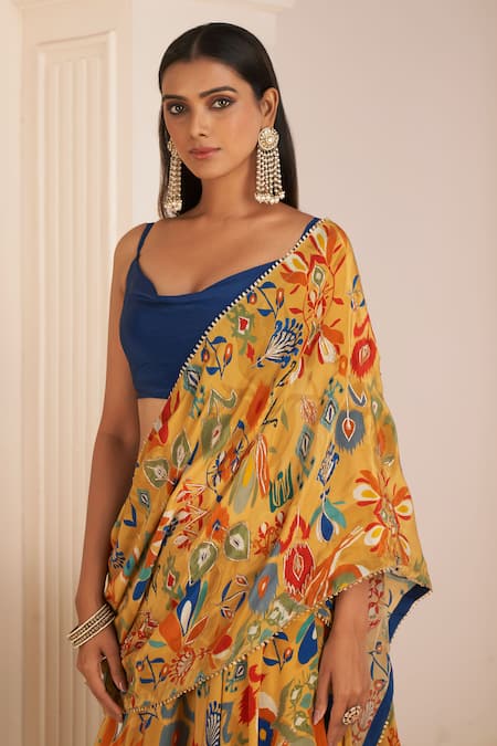 Affroz_Yellow Viscose Cowl Neck Ikat Bloom Print Lehenga Saree With Blouse _at_Aza_Fashions