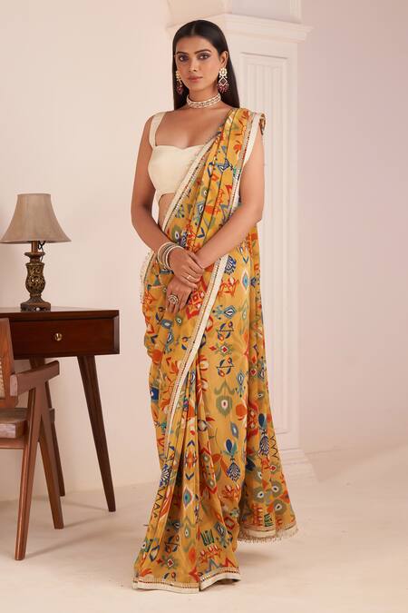 Affroz_Yellow Viscose Zari Sweetheart Neck Ikat Blossom Motif Print Saree With Blouse _Online_at_Aza_Fashions