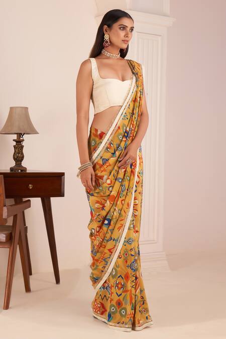 Buy_Affroz_Yellow Viscose Zari Sweetheart Neck Ikat Blossom Motif Print Saree With Blouse _Online_at_Aza_Fashions