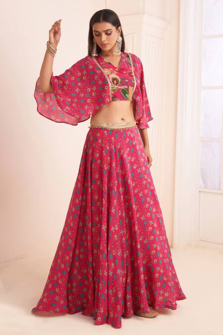 Affroz_Pink Viscose, Crepe Lace V-neck Ikkat Plumeria Print Lehenga Blouse Set _Online_at_Aza_Fashions