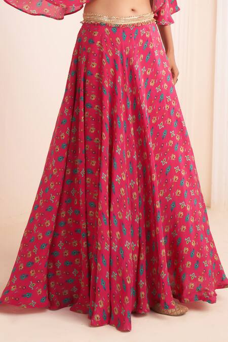 Buy_Affroz_Pink Viscose, Crepe Lace V-neck Ikkat Plumeria Print Lehenga Blouse Set _Online_at_Aza_Fashions