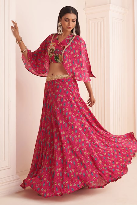 Shop_Affroz_Pink Viscose, Crepe Lace V-neck Ikkat Plumeria Print Lehenga Blouse Set _Online_at_Aza_Fashions