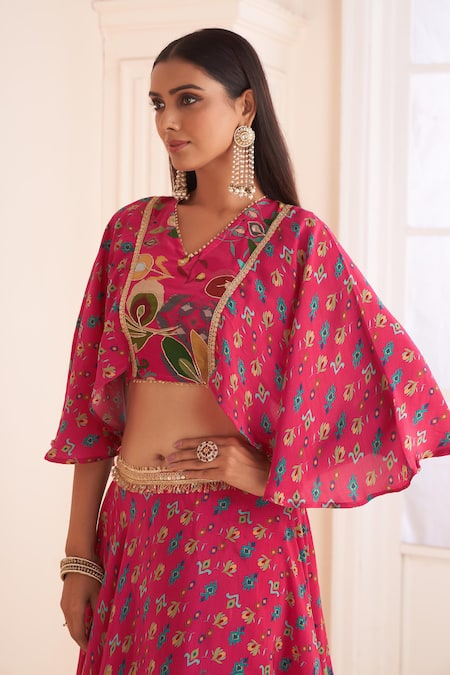 Affroz_Pink Viscose, Crepe Lace V-neck Ikkat Plumeria Print Lehenga Blouse Set _at_Aza_Fashions