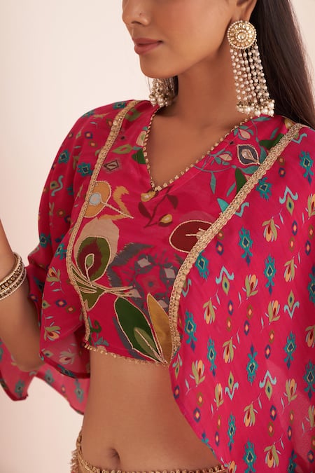 Buy_Affroz_Pink Viscose, Crepe Lace V-neck Ikkat Plumeria Print Lehenga Blouse Set 