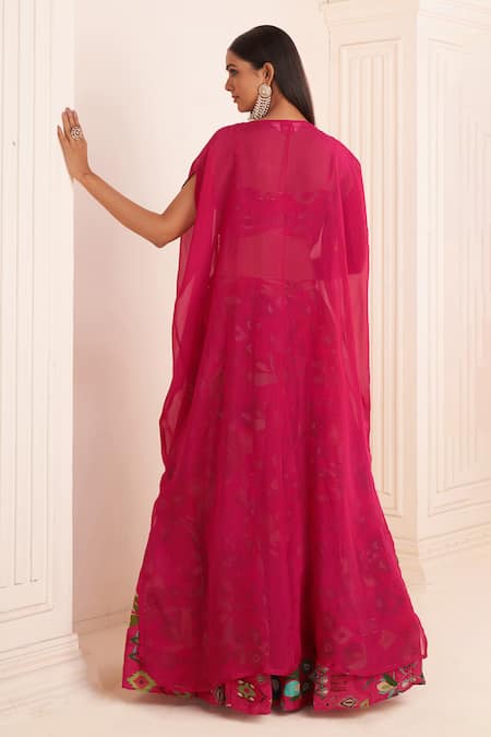 Affroz Ikkat Gardenia Print Cape Lehenga Set 