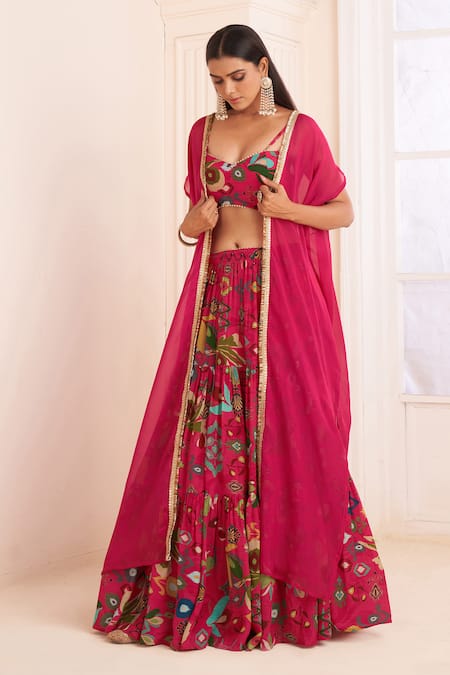 Affroz Pink Viscose Embroidery Sweetheart Neck Ikkat Gardenia Print Cape Lehenga Set Online at Aza Fashions Affroz_Pink Viscose Embroidery Sweetheart Neck Ikkat Gardenia Print Cape Lehenga Set _Online_at_Aza_Fashions