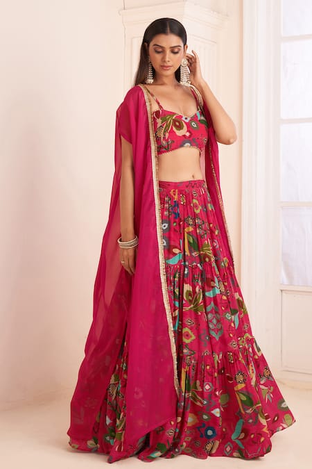 Buy Affroz Pink Viscose Embroidery Sweetheart Neck Ikkat Gardenia Print Cape Lehenga Set Online at Aza Fashions Buy_Affroz_Pink Viscose Embroidery Sweetheart Neck Ikkat Gardenia Print Cape Lehenga Set _Online_at_Aza_Fashions