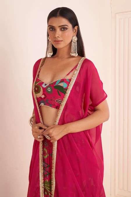 Shop Affroz Pink Viscose Embroidery Sweetheart Neck Ikkat Gardenia Print Cape Lehenga Set Online at Aza Fashions Shop_Affroz_Pink Viscose Embroidery Sweetheart Neck Ikkat Gardenia Print Cape Lehenga Set _Online_at_Aza_Fashions