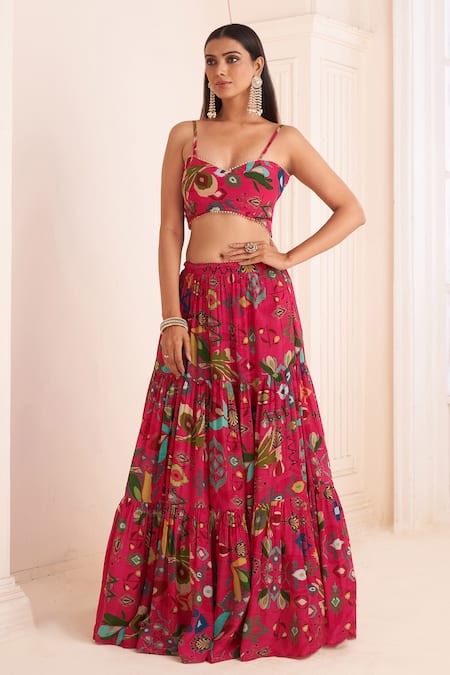 Affroz Pink Viscose Embroidery Sweetheart Neck Ikkat Gardenia Print Cape Lehenga Set at Aza Fashions Affroz_Pink Viscose Embroidery Sweetheart Neck Ikkat Gardenia Print Cape Lehenga Set _at_Aza_Fashions