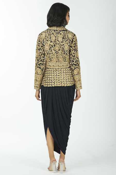 Shop Neha Mehta Couture Black Silk, Lycra Jacket Lapel Gown Sweetheart With Draped at Aza Fashions Shop_Neha Mehta Couture_Black Silk, Lycra Jacket Lapel Gown Sweetheart With Draped _at_Aza_Fashions