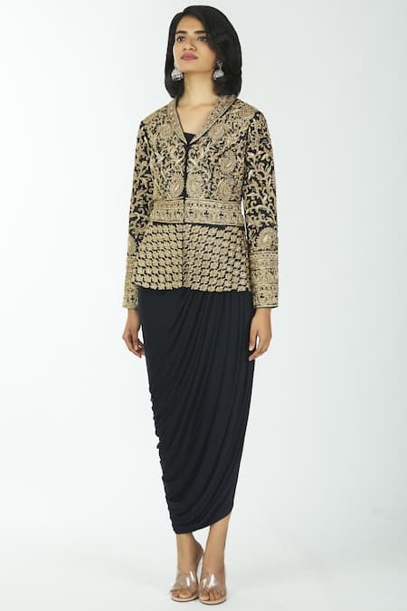 Buy Neha Mehta Couture Black Silk, Lycra Jacket Lapel Gown Sweetheart With Draped Online at Aza Fashions Buy_Neha Mehta Couture_Black Silk, Lycra Jacket Lapel Gown Sweetheart With Draped _Online_at_Aza_Fashions
