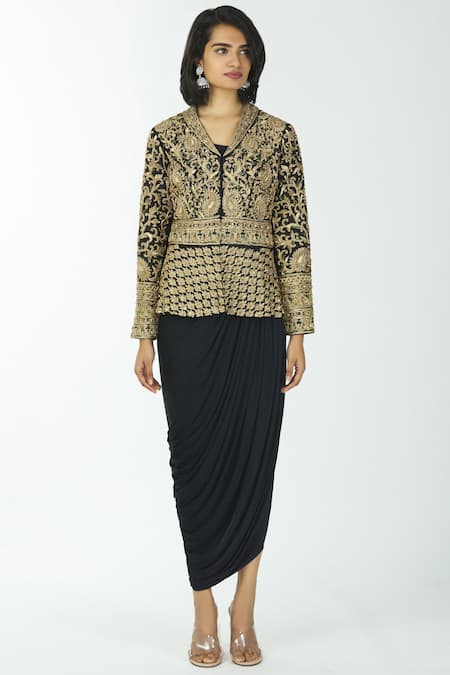 Shop Neha Mehta Couture Black Silk, Lycra Jacket Lapel Gown Sweetheart With Draped Online at Aza Fashions Shop_Neha Mehta Couture_Black Silk, Lycra Jacket Lapel Gown Sweetheart With Draped _Online_at_Aza_Fashions