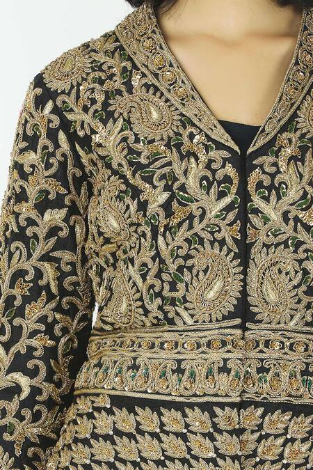 Neha Mehta Couture Black Silk, Lycra Jacket Lapel Gown Sweetheart With Draped at Aza Fashions Neha Mehta Couture_Black Silk, Lycra Jacket Lapel Gown Sweetheart With Draped _at_Aza_Fashions