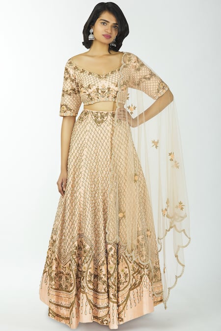 Neha Mehta Couture Peach Silk Leaf Neck Lehenga Set 