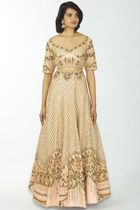 Neha Mehta Couture Peach Silk Leaf Neck Lehenga Set at Aza Fashions Neha Mehta Couture_Peach Silk Leaf Neck Lehenga Set _at_Aza_Fashions