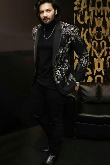 Shop Rohit Gandhi + Rahul Khanna Black Wool, Crepe Embroidery Interstellar Metal Embellished Tuxedo And Pant Set at Aza Fashions Shop_Rohit Gandhi + Rahul Khanna_Black Wool, Crepe Embroidery Interstellar Metal Embellished Tuxedo And Pant Set _at_Aza_Fashions