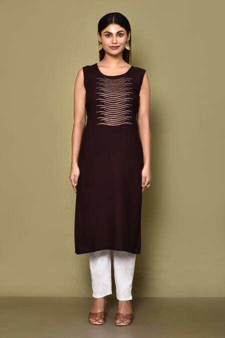 Adara Khan_Brown Rayon Embroidered Abstract Thread Round Yoke Kurta_Online_at_Aza_Fashions