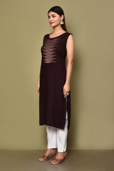 Shop_Adara Khan_Brown Rayon Embroidered Abstract Thread Round Yoke Kurta_Online_at_Aza_Fashions