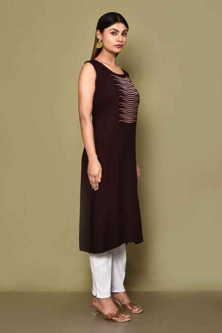 Adara Khan_Brown Rayon Embroidered Abstract Thread Round Yoke Kurta_at_Aza_Fashions