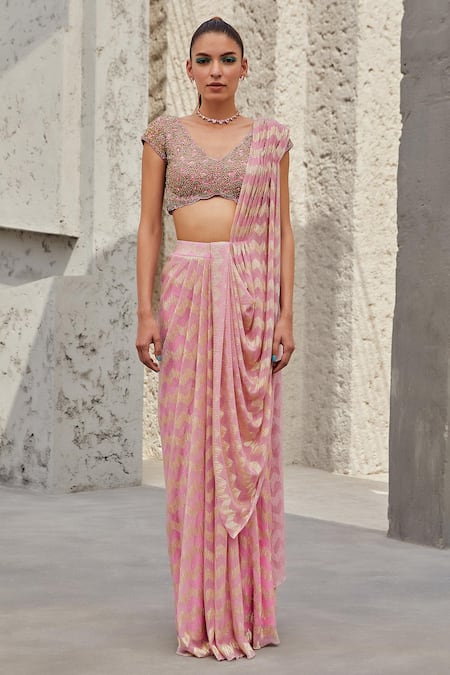 Kaaisha by Shalini Pink Embroidered Zardozi Work V Neck Pre-draped Saree With Blouse 