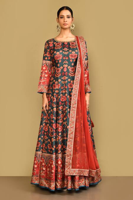 Samyukta Singhania_Green Denim Embroidery Round Neck Floral Digital Print Anarkali With Dupatta_Online_at_Aza_Fashions