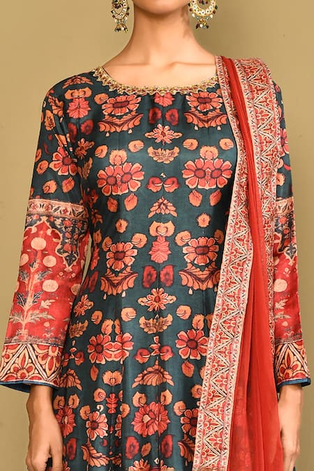 Buy_Samyukta Singhania_Green Denim Embroidery Round Neck Floral Digital Print Anarkali With Dupatta_Online_at_Aza_Fashions