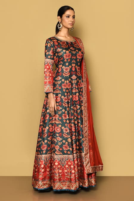 Shop_Samyukta Singhania_Green Denim Embroidery Round Neck Floral Digital Print Anarkali With Dupatta_Online_at_Aza_Fashions