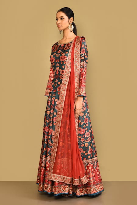 Samyukta Singhania_Green Denim Embroidery Round Neck Floral Digital Print Anarkali With Dupatta_at_Aza_Fashions