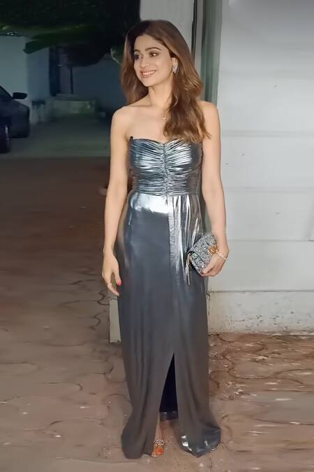 Buy Shivani Awasty Silver Lame Bandeau Ruched Metallic Gown Online at Aza Fashions Buy_Shivani Awasty_Silver Lame Bandeau Ruched Metallic Gown _Online_at_Aza_Fashions