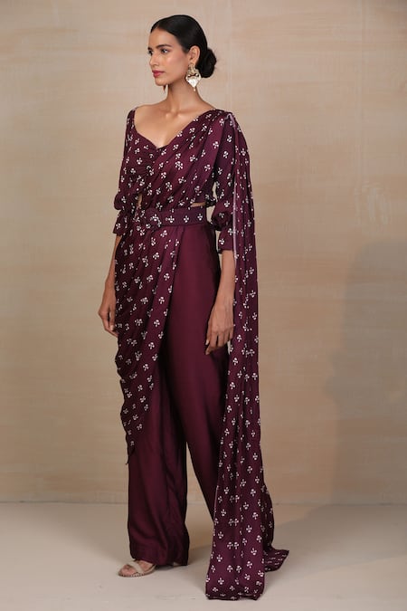 Shop_Esha Koul_Purple Organza, Georgette V Neck Printed Pre-draped Saree And Pant Set _at_Aza_Fashions