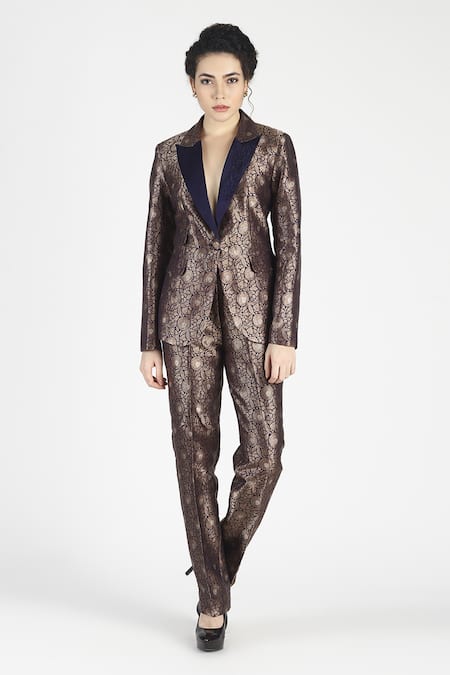 House of Three Purple Silk Jacquard Lapel Zohraa Jacket 