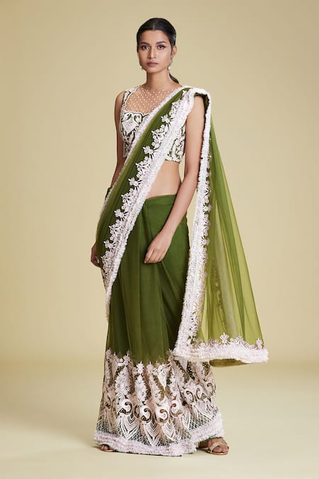 Cherie D Green Silk, Tulle, Satin Round Embroidered Saree With Blouse