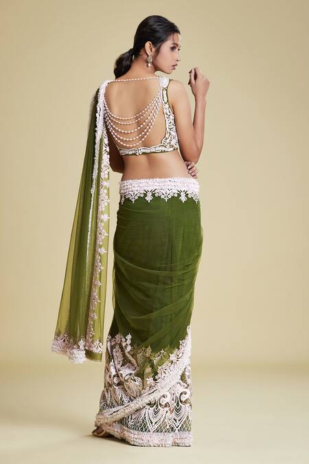 Shop Cherie D Green Silk, Tulle, Satin Round Embroidered Saree With Blouse at Aza Fashions Shop_Cherie D_Green Silk, Tulle, Satin Round Embroidered Saree With Blouse _at_Aza_Fashions