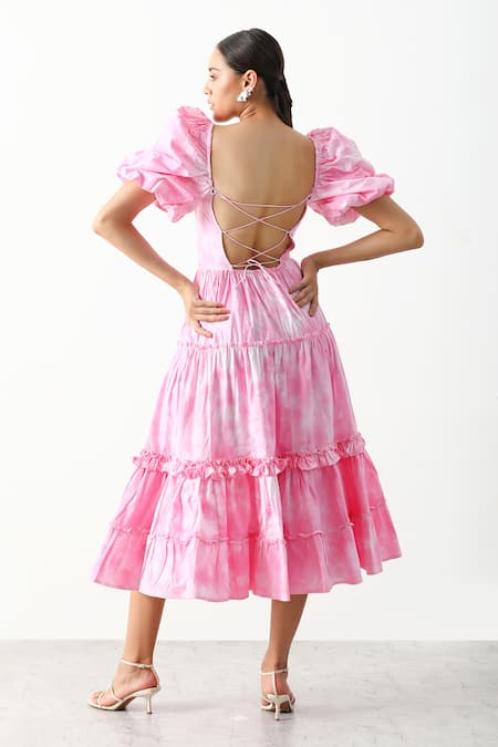 Shop_The Iaso_Pink Paper Cotton Poplin Square Neck Farren Tiered Dress _at_Aza_Fashions