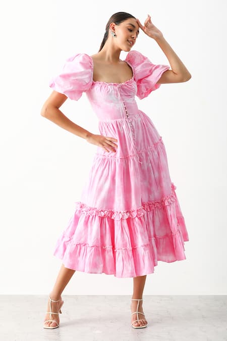 The Iaso_Pink Paper Cotton Poplin Square Neck Farren Tiered Dress _Online_at_Aza_Fashions