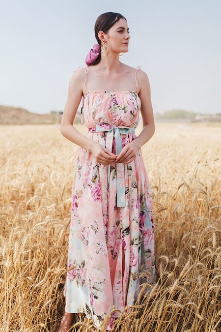 Floral Printed & Embroidered Fit-Flared Maxi Gown– Inddus.in