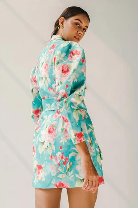 Shop_July Issue_Blue Cotton Jacquard Printed Floral Sweetheart Neck Lagoon Jacket Skirt Set _at_Aza_Fashions