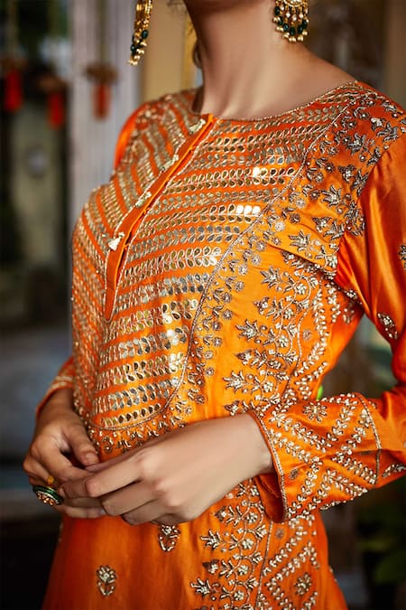 Shop_Pink City By Sarika_Orange Organic Cotton, Silk Chanderi Embroidered Kurta Sharara Set _at_Aza_Fashions