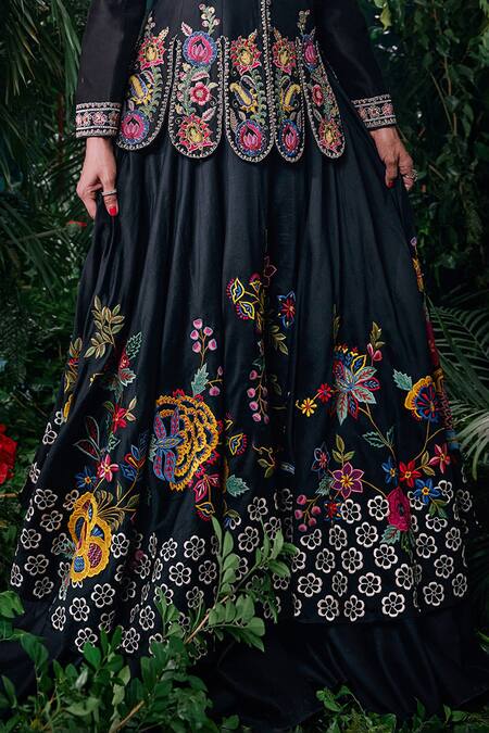 Chandrima Black Chanderi, Linen Embroidery, Beads Florence Applique Layered Lehenga Online at Aza Fashions Chandrima_Black Chanderi, Linen Embroidery, Beads Florence Applique Layered Lehenga _Online_at_Aza_Fashions