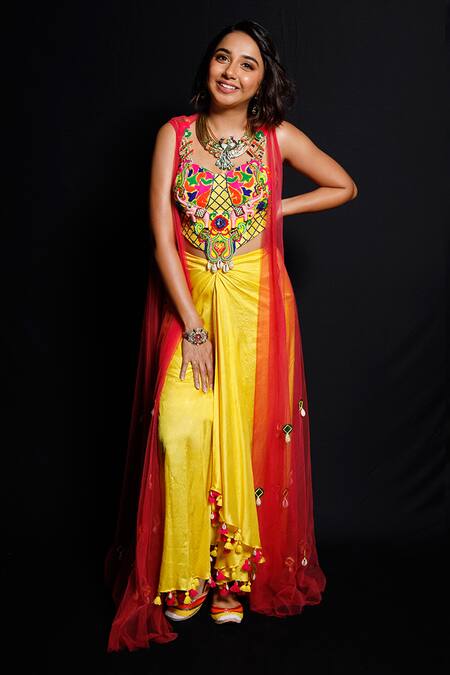 Buy_Archana Kochhar_Yellow Chanderi (vegan And Eco Friendly) Jacket Embroidered Draped Skirt Set With _Online_at_Aza_Fashions