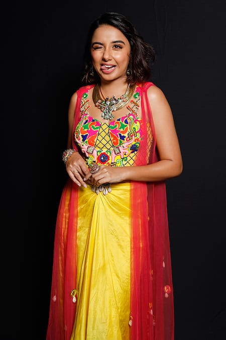 Shop_Archana Kochhar_Yellow Chanderi (vegan And Eco Friendly) Jacket Embroidered Draped Skirt Set With _Online_at_Aza_Fashions