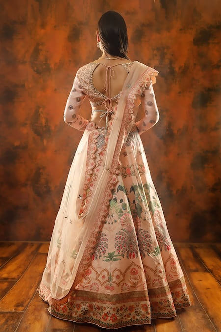 Shop_Archana Kochhar_Pink Lehenga And Blouse Raw Silk Dupatta Net Paradise Floral Print Bridal Set _at_Aza_Fashions