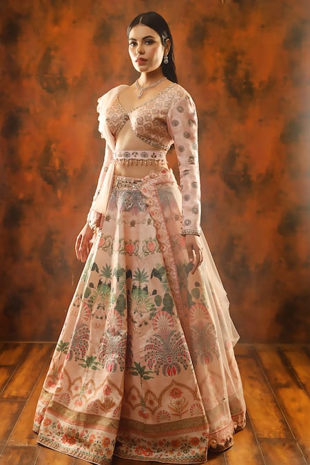 Archana Kochhar_Pink Lehenga And Blouse Raw Silk Dupatta Net Paradise Floral Print Bridal Set _Online_at_Aza_Fashions