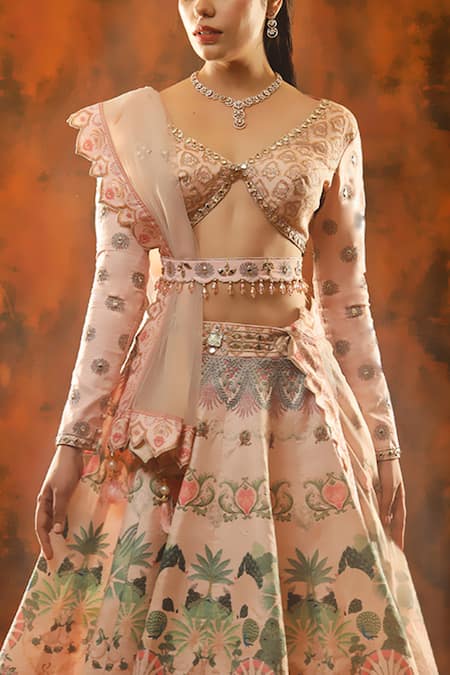 Buy_Archana Kochhar_Pink Lehenga And Blouse Raw Silk Dupatta Net Paradise Floral Print Bridal Set _Online_at_Aza_Fashions