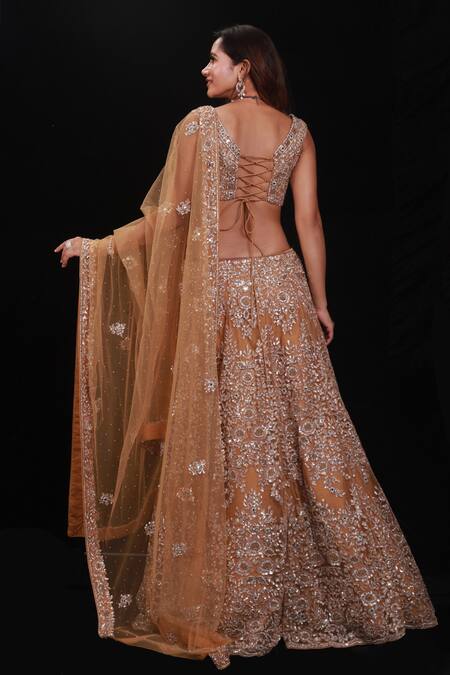 Shop Archana Kochhar Gold Net Resham And Beads V Neck Floral Embroidered Lehenga Set at Aza Fashions Shop_Archana Kochhar_Gold Net Resham And Beads V Neck Floral Embroidered Lehenga Set_at_Aza_Fashions