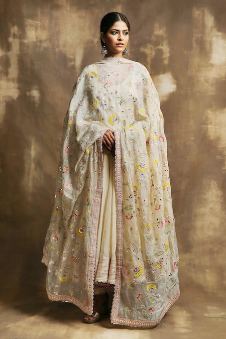 Karishma Khanduja Bareilly Beige Cotton With Foil Weave Scoop Neck Woven Motif Anarkali Set For Women