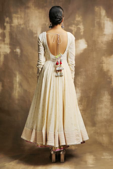 Shop Karishma Khanduja Bareilly Beige Cotton With Foil Weave Scoop Neck Woven Motif Anarkali Set at Aza Fashions Shop_Karishma Khanduja Bareilly_Beige Cotton With Foil Weave Scoop Neck Woven Motif Anarkali Set _at_Aza_Fashions